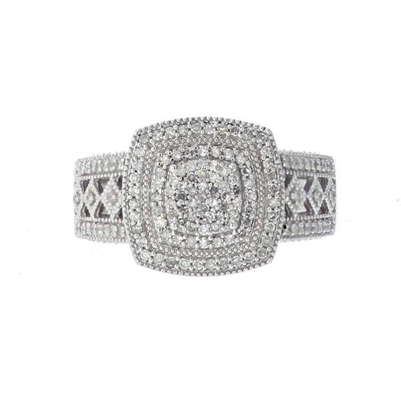 Midwest Jewellery Vintage Style Ring 0.4ct w Diamond 10K White Gold Ornate Sides Doubld Halo Extra Wide Engagement Ring