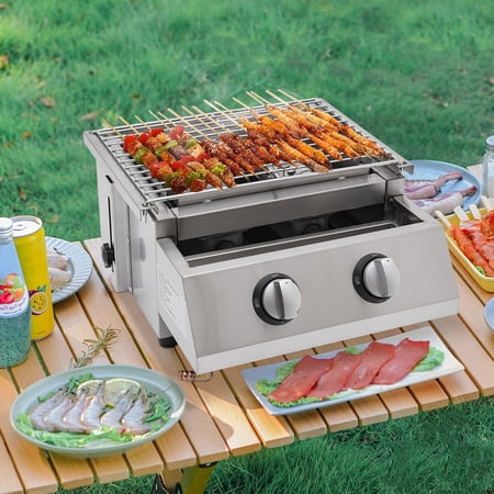 ToppiJoy Adjustable Barbeque Gas Grill for LPG, Barbecue Grill with Two Burners & Oil Drip Pan BBQ for Camping Picnic Backyards Rotatable Gas Connector