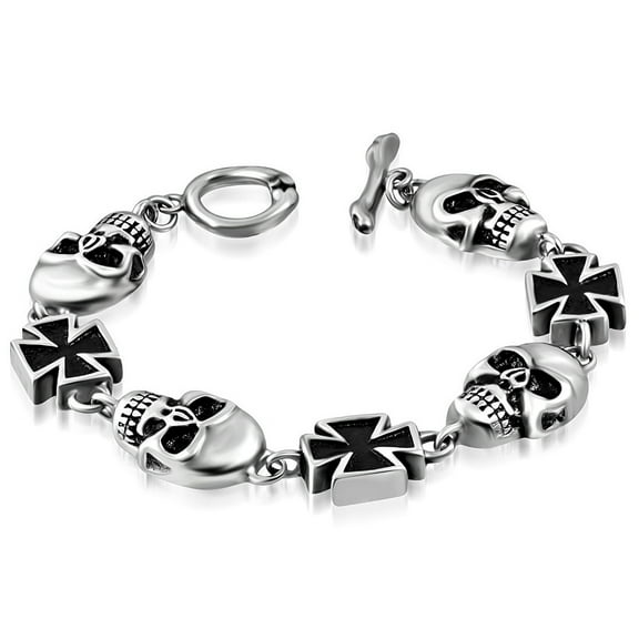 Stainless Steel Silver-Tone Skull Link Chain Mens Bracelet, 8.5"