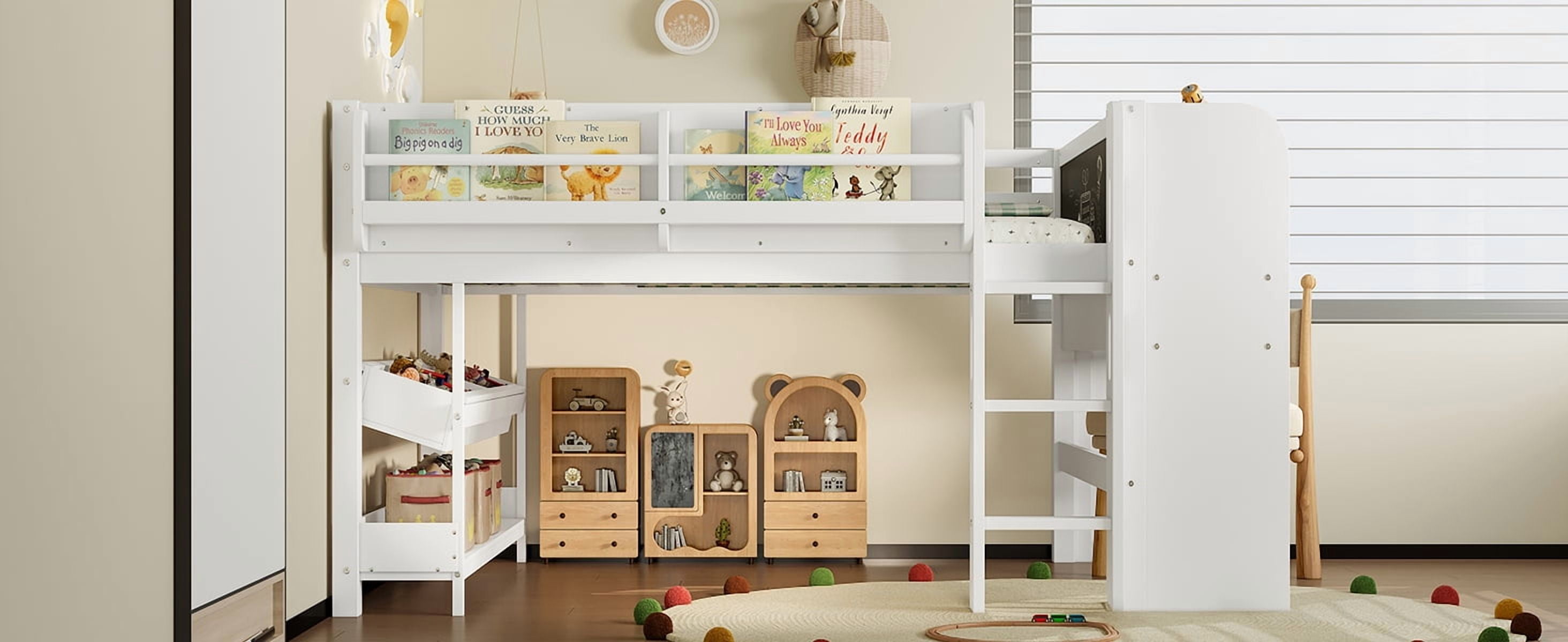 Mintazer Full Low Loft Bed with Desk & Blackboard, Kids Loft Bed with Storage Drawers, No Spring Box Needed, White