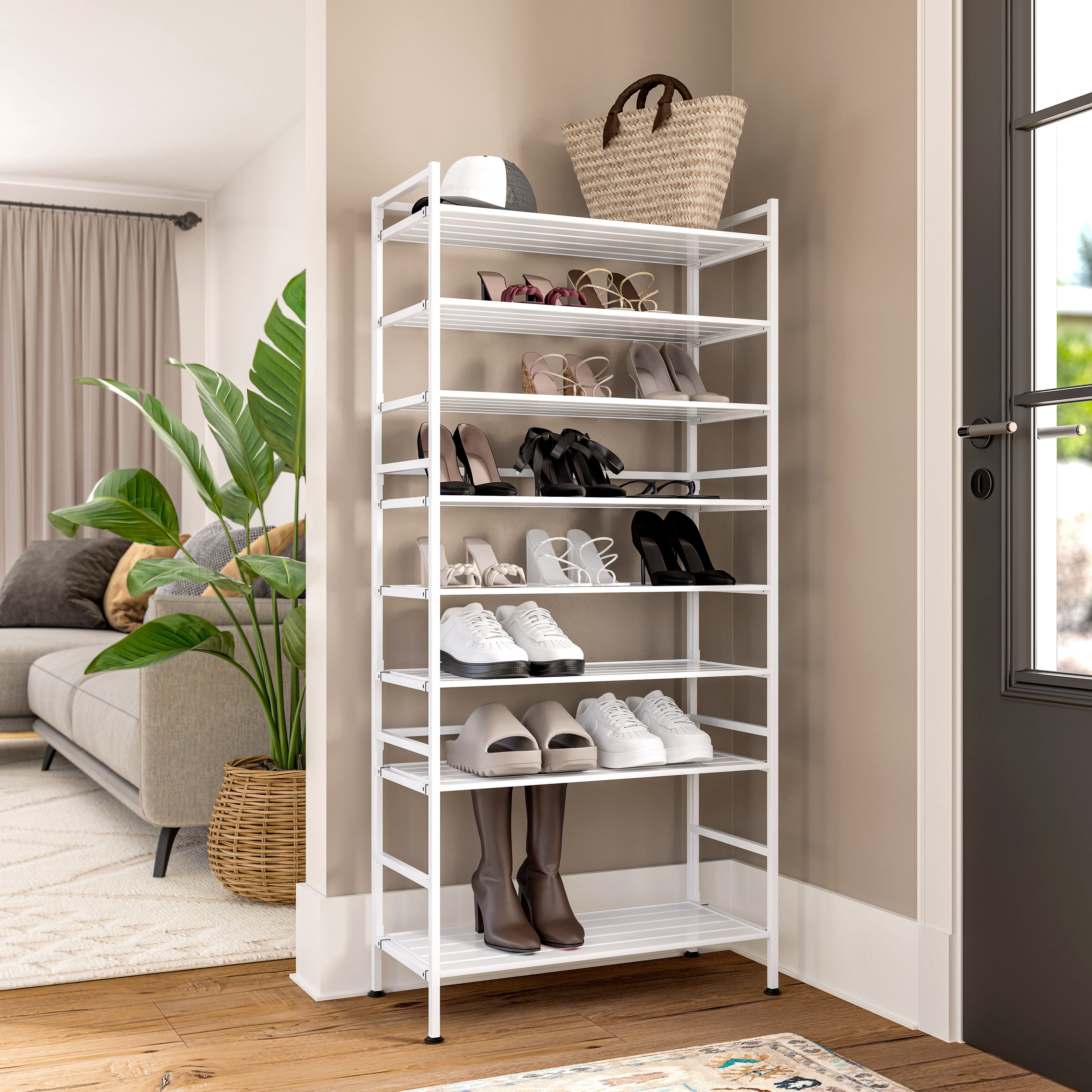 Seville Classics 3-Tier Stackable Interlock 12-Pair Resin Slat Sturdy Metal Frame Shoe Storage Rack Organizer, White Slat