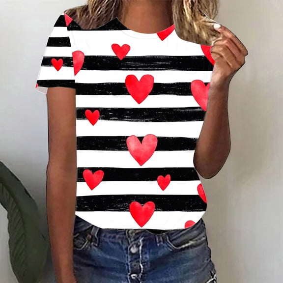 VKOYWKM Heart Print Tees for Women Valentine's T-Shirts Short Sleeve Casual Crew Neck Holiday Tops Romantic Valentines Day Gifts Shirt
