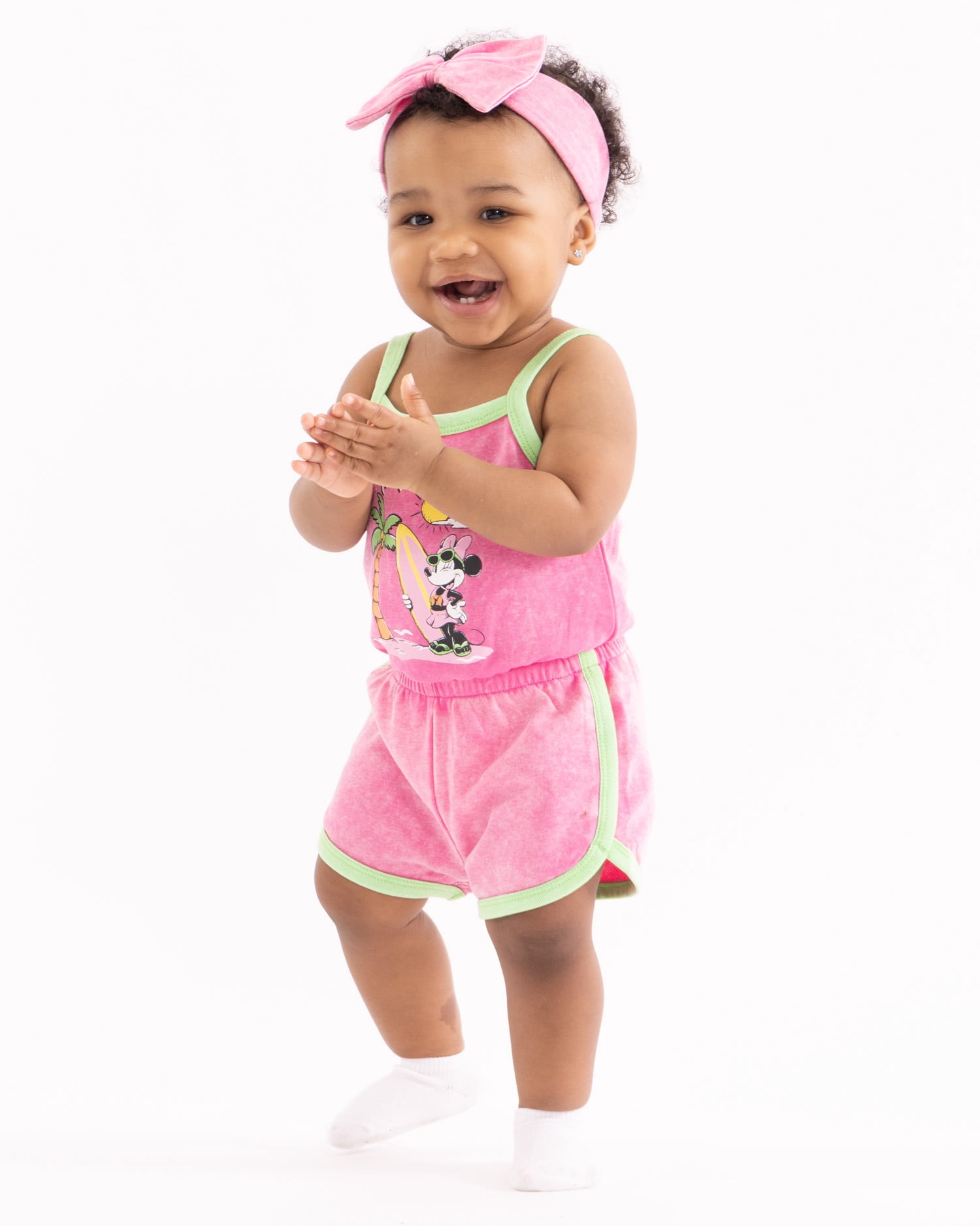 Minnie Mouse Baby Girls Sleeveless Graphic Romper with Matching Bow Headband, Sizes 0/3M-24M