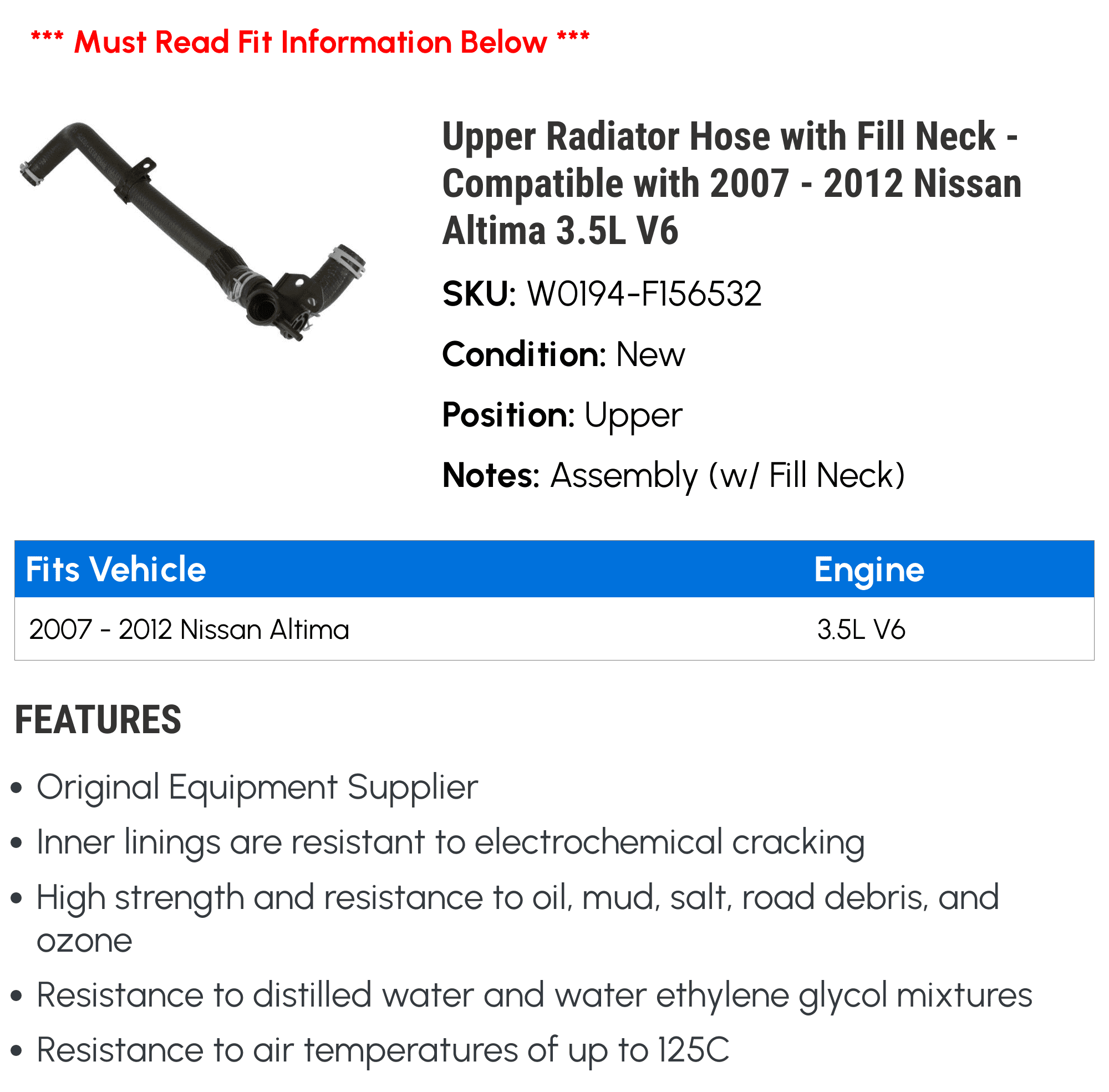 Upper Radiator Hose with Fill Neck - Compatible with 2007 - 2012 Nissan Altima 3.5L V6 2008 2009 2010 2011