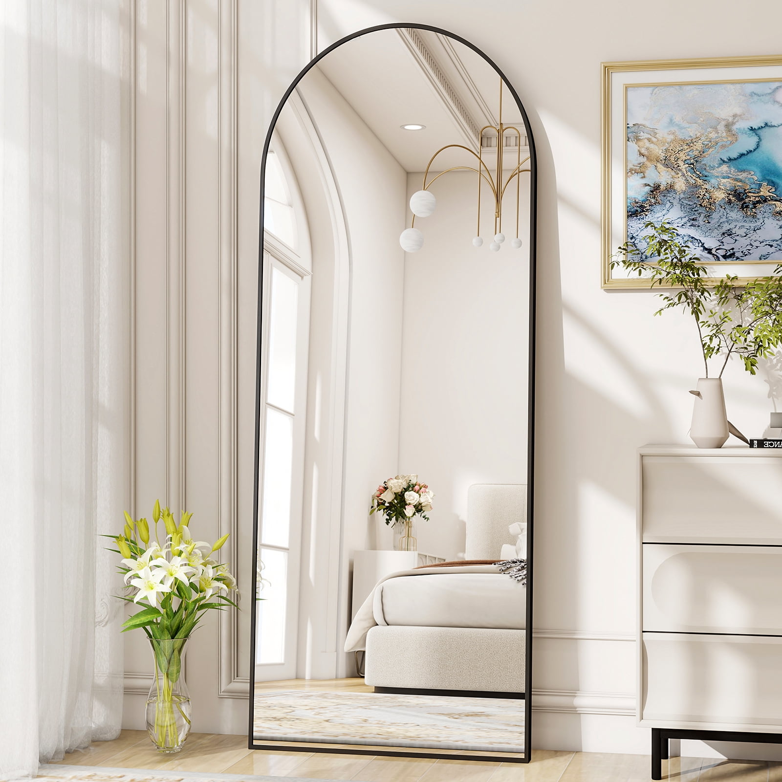 AUROMIR 56"x21" Arched Full Length Mirror Floor Mirror Full Body Standing Mirror, Black
