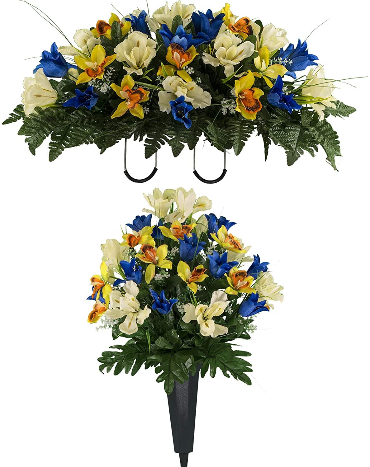 Beautiful artificial yellow flower arrangement in grave/memorial/crem pot 