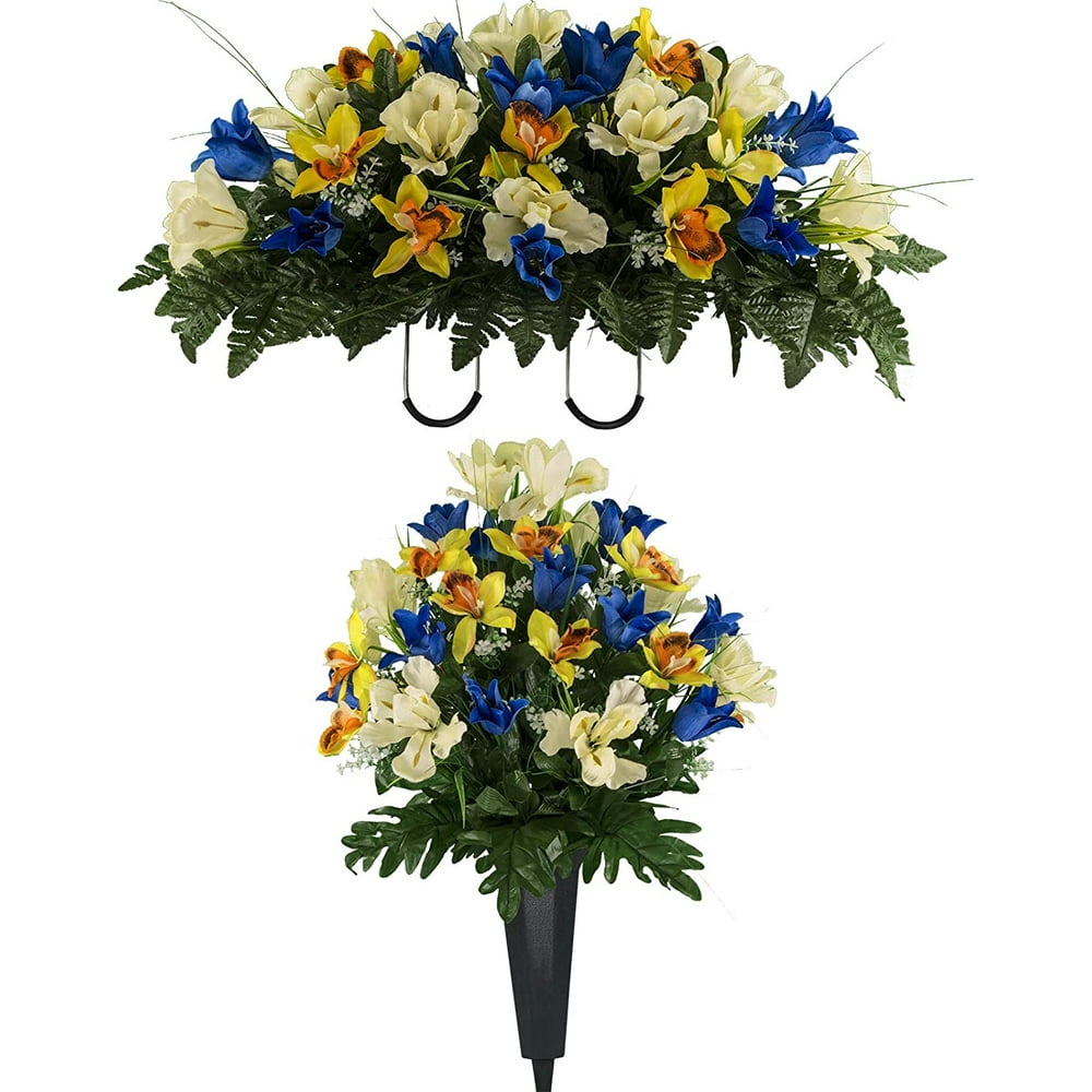 Sympathy Silks Artificial Cemetery Flowers Blue Tulips & Yellow
