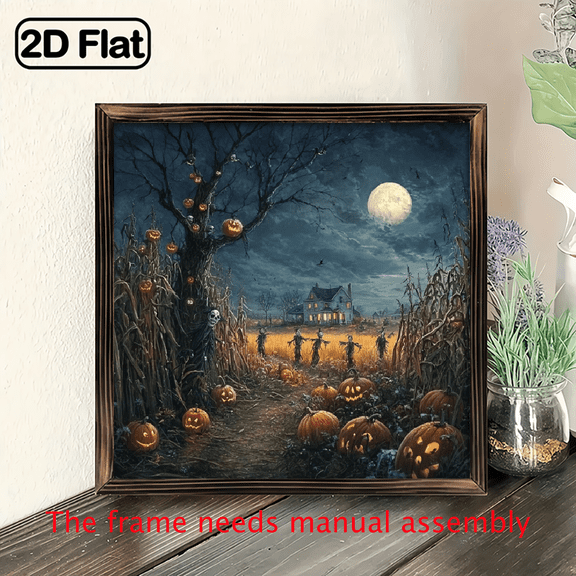 2D Flat, 1pc Spooky Halloween Wooden Sign - 8x8 Inch Vintage Farmhouse Decor with Jack-O'-Lanterns, Haunted House Full Moon - Rustic Wall Hanging for Home, Office, Cafe, Bedroom - Perfect Hallowee