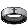 thumbnail image 2 of Tungsten Flat Christian Cross 8mm Brushed Gray Beveled Edges Black Polished Men Ring, 2 of 2