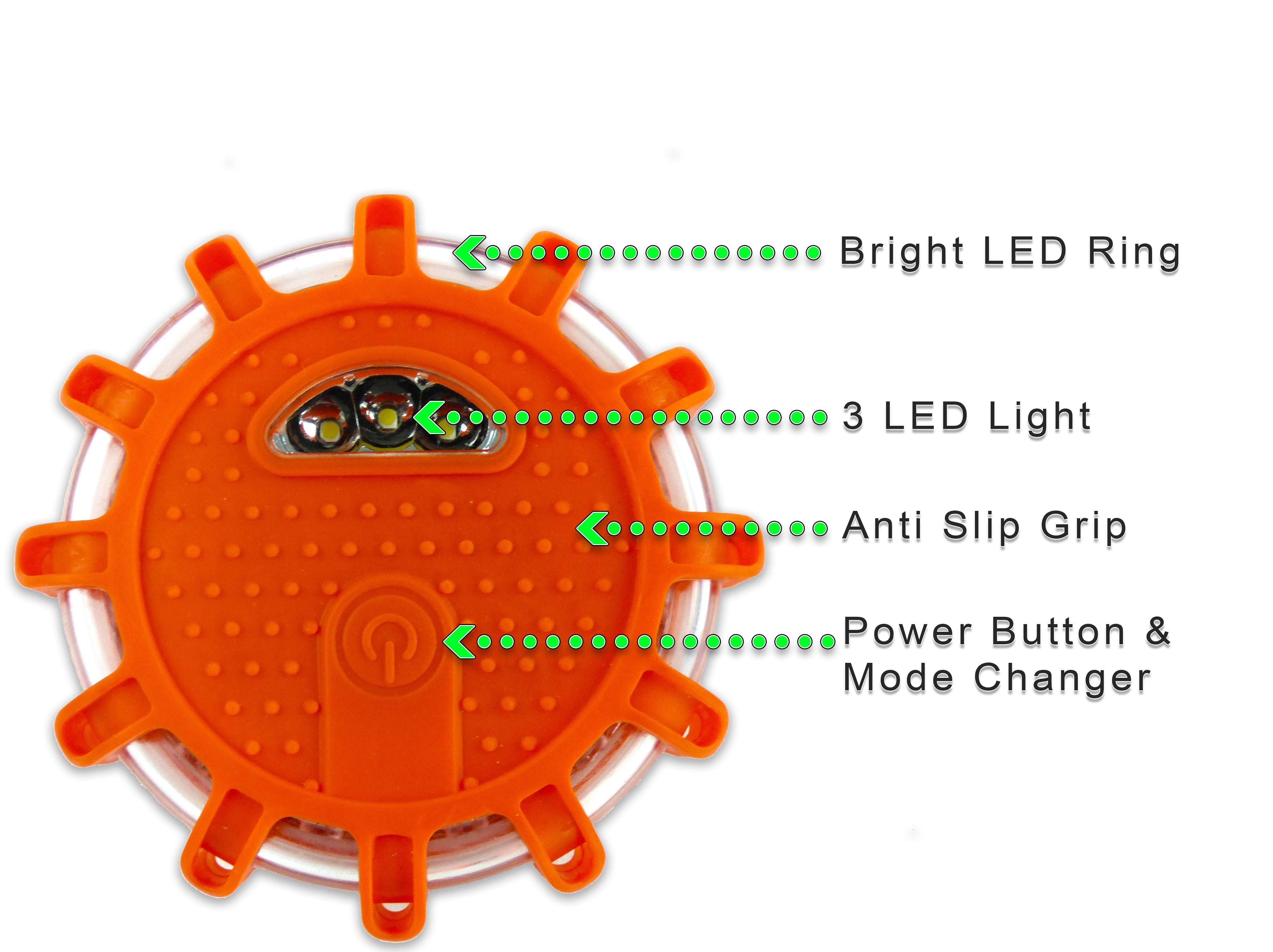 LED Roadside Emergency Flare Lights 4pc Orange - Portable Magnetic Safety Disc Beacon Flashing Kit for Cars Trucks Boats - 9 Flash Modes w/ Hook - Perfect for Roadside Warning