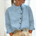 thumbnail image 2 of Lovskoo Women's 2024 Button Down Shirts Casual Solid Color Cotton Linen Standing Collar Long Sleeved Shirt Basic Shirts Light Blue, 2 of 7