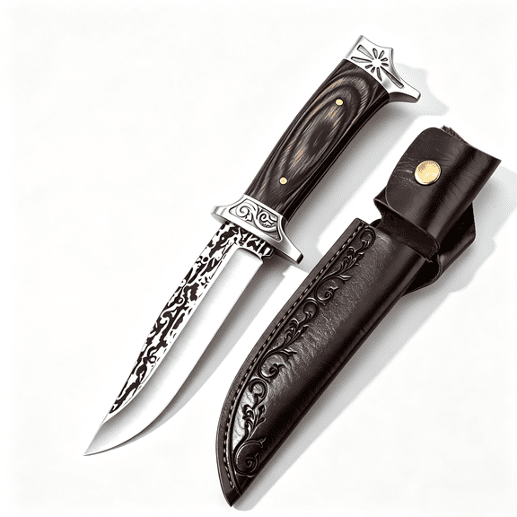 Leather sheathed fixed blade hunting knife, Damascus patterned stainless steel Tang style survival knife, high-end wooden handle outdoor camping peeling knife, used for hunting and camping EDC