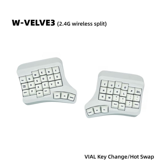 WVELVE Wireless Split Ergonomic Keyboard, 2.4G Ergonomic Split Design 46-Key Hot-Swappable Mechanical Keyboard with Curved Arc Layout, VIAL Programmable