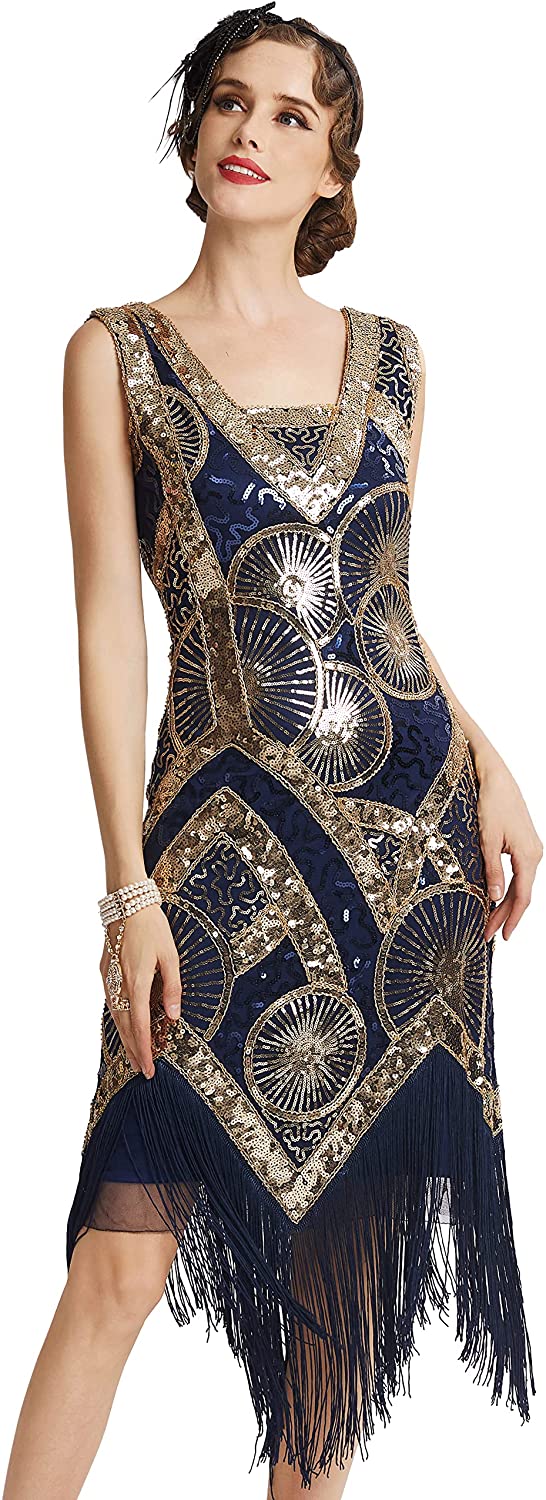 1920s Flapper Sequin Dress V Neck 