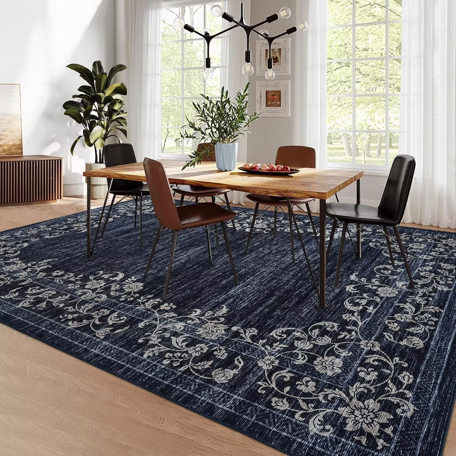 GlowSol 8'x10' Area Rug Modern Floral Area Rug Border Rugs for Living Room Bedroom Farmhouse Soft Foldable Area Rug, Blue