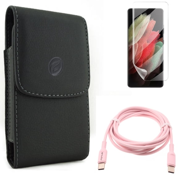 Matte Screen Protector & Pink 6ft Long Cable & Case Belt Clip for Samsung Galaxy S21 Ultra Phone - TPU Film Anti-Glare & USB-C to Type-C PD Fast Charger & Leather Holster Accessory Bundle
