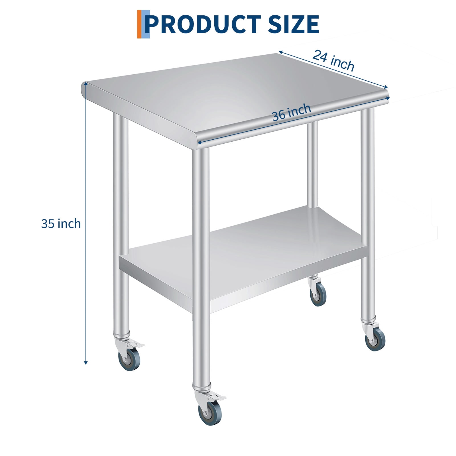 Stainless Steel Outdoor Kitchen Prep Table with Backsplash – Adjustable Undershelf, 4 Caster Wheels, Rounded Corners – Heavy Duty Storage Table for Restaurants, Hotels, Workspaces – 24 x 36 Inch