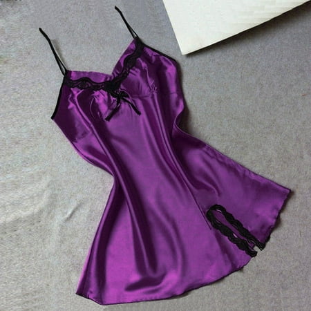 

JNGSA Women s Stain NightDress Sleeveless Lace Trim Nightgown Spaghetti Strap Cami Night Dress Comfy Soft Sleepwear Purple