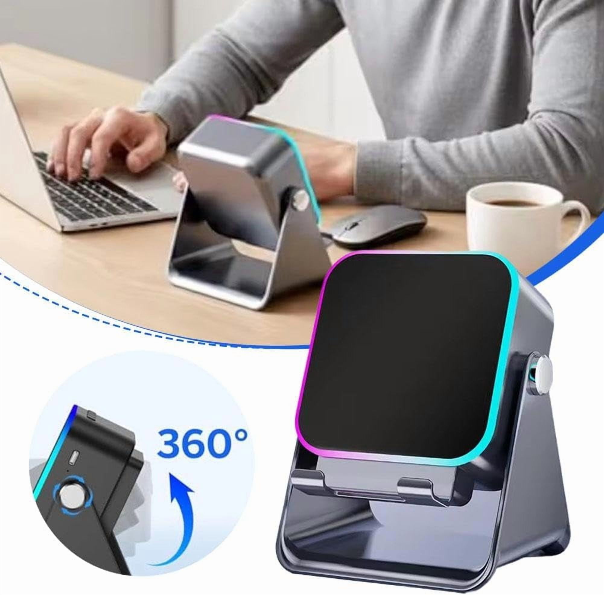 Wireless Charging Speaker Stand - 5-in-1 Bluetooth Speaker with 8 RGB Ambient Lights, 5000mAh Power Bank, Adjustable Tablet Holder for iPhone iPad Android - Stereo Sound Desktop Dock & Birthday Gift