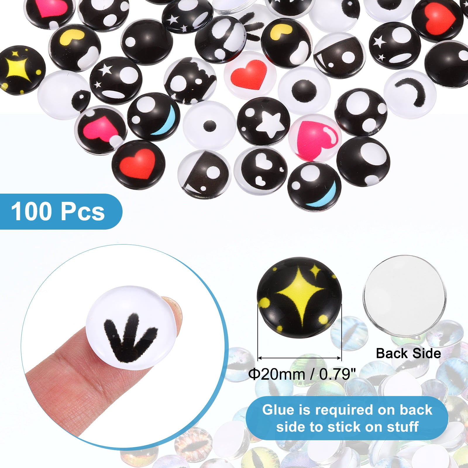 Uxcell 100 Pcs Glass Safety Eyes, 20mm Cabochon Crochet Safety Kawaii Doll Craft Eye for Clay Crochet Animals Handicrafts DIY Jewelry Projects, Blue/Black/White/Yellow/Red (217#)