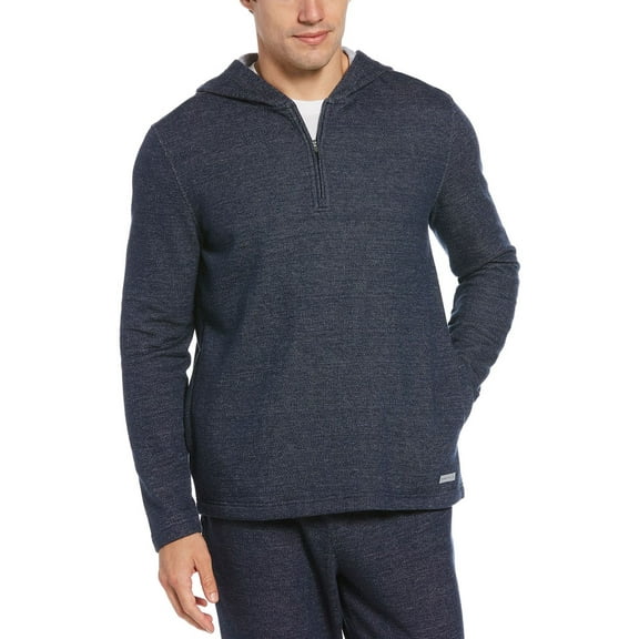 Perry Ellis Portfolio Mens 1/4 Zip Heathered Knit Hoodie, Dress Blues, Size L.