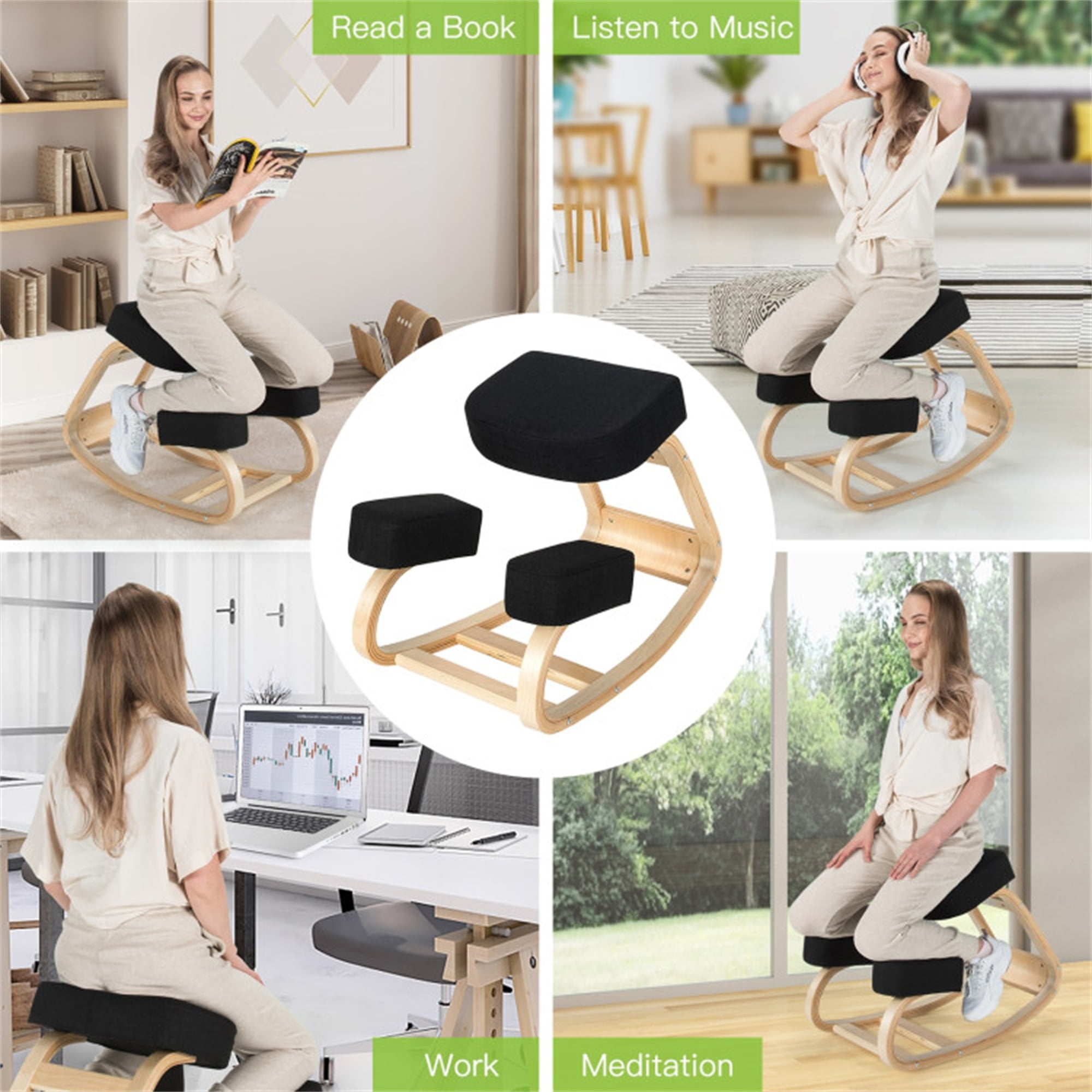 Demi Bonn Ergonomic Kneeling Chair Rocking Office Desk Stool Upright Posture for Home, Bedroom, Study, Black