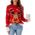 thumbnail image 2 of Suéter navideño para mujer, cálido, de manga larga, con cuello de piel, estampado de renos, suéter de dibujos animados, 2 of 5