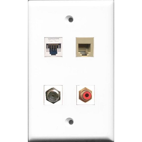 RiteAV 1 Port RCA Red and 1 Port Coax Cable TV- F-Type and 1 Port Phone RJ11 RJ12 Beige and 1 Port Cat5e Ethernet White Wall Plate