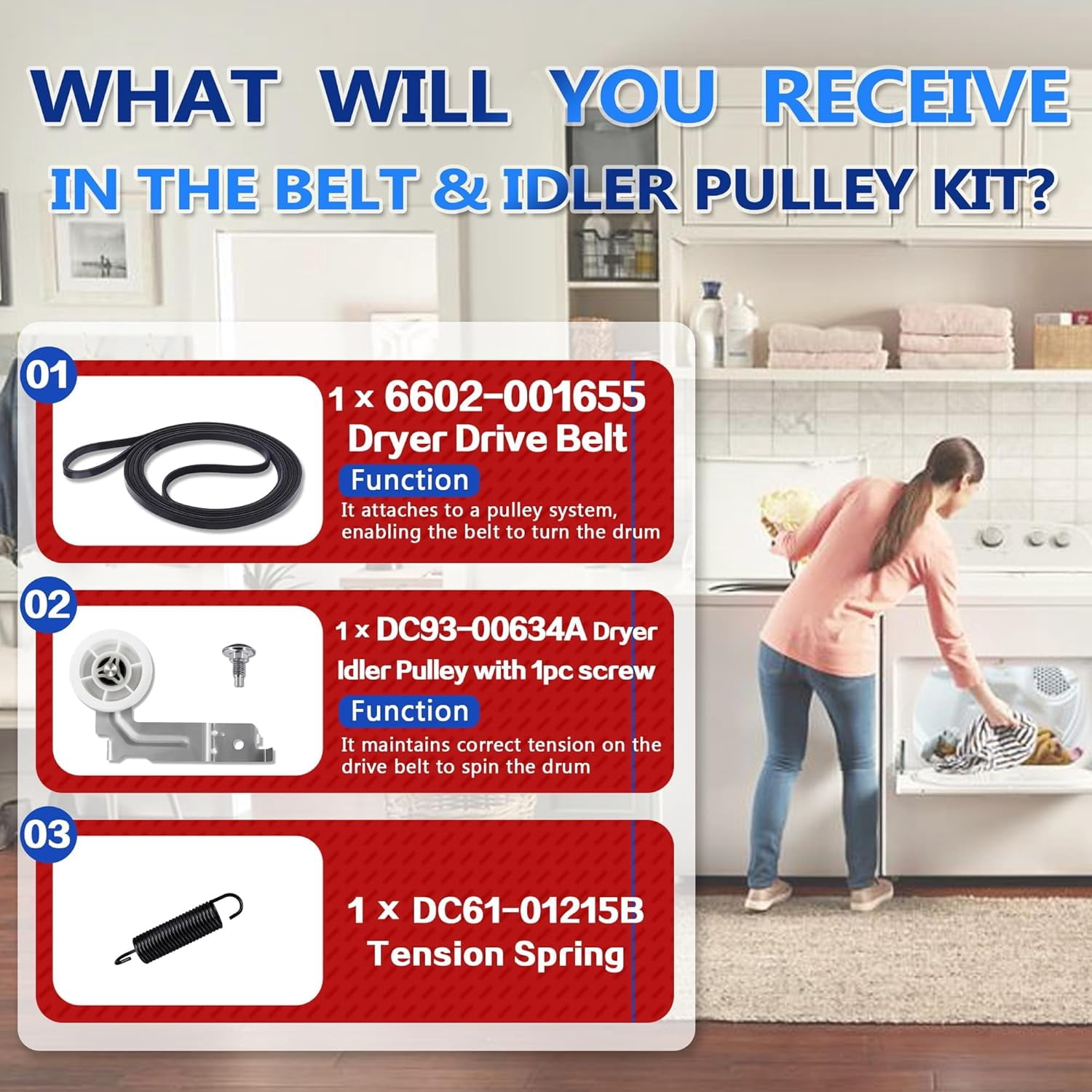 Upgraded Dryer Repair Kit, Includes DC93-00634A Idler Pulley, 6602-001655 Dryer Belt, DC61-01215B Tension Spring, Compatible with Samsung DV330AEB/XAA DV331AER/XAA DV350AEP/XAA DV350AER/XAA DV350AEW/