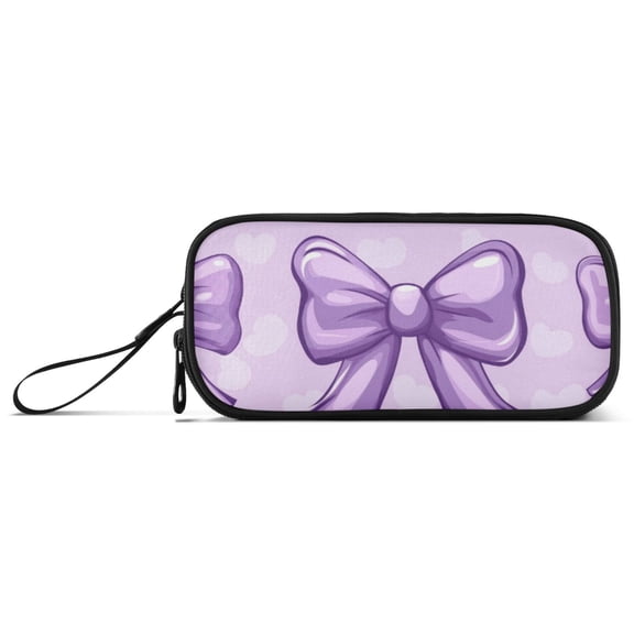 Purple Bowknots Cartoon Cute Hearts Pencil Case Stationary Holder Pen Bag Pencil Pouch Tool Organizer 3 Compartments