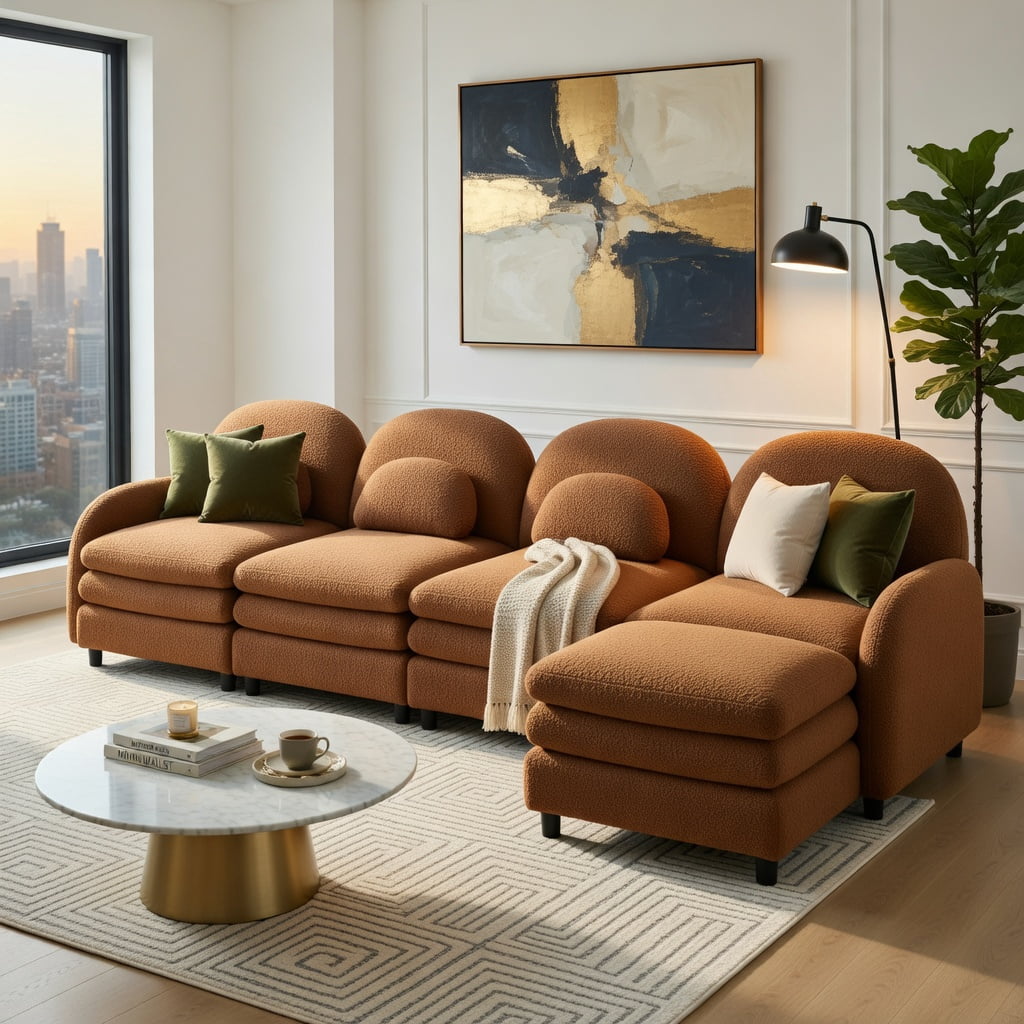 Hommoo Teddy Fleece 4-Seat Modular Sectional Sofa, Cloud-Like Double-Layer Cushion, Curved Backrest & Armrest, Movable Ottoman, Lumbar Support Pillows, Camel