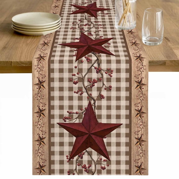 Texas Star Vintage Table Runner - 90 Inch Long Brown Checkered Berry Farmhouse Cotton and Linen Blended Dress Scarves Farmhouse Table Runner for Kitchen Dining, Coffee Table, 13" x 90"