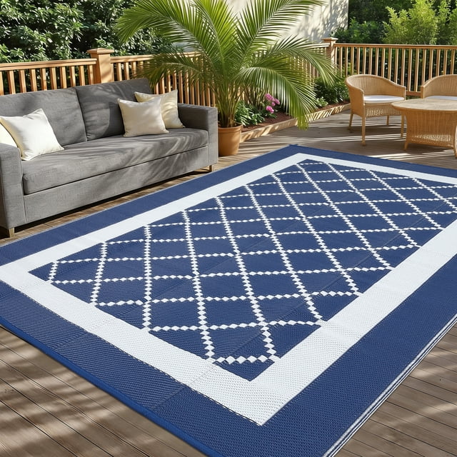 Garvee Outdoor Rug 8'x10' Waterproof Rug for Patios, Reversible Plastic Straw Rug Camping Carpet Mats for RV, Picnic, Backyard, Balcony, Porch, Beach, Dark Blue