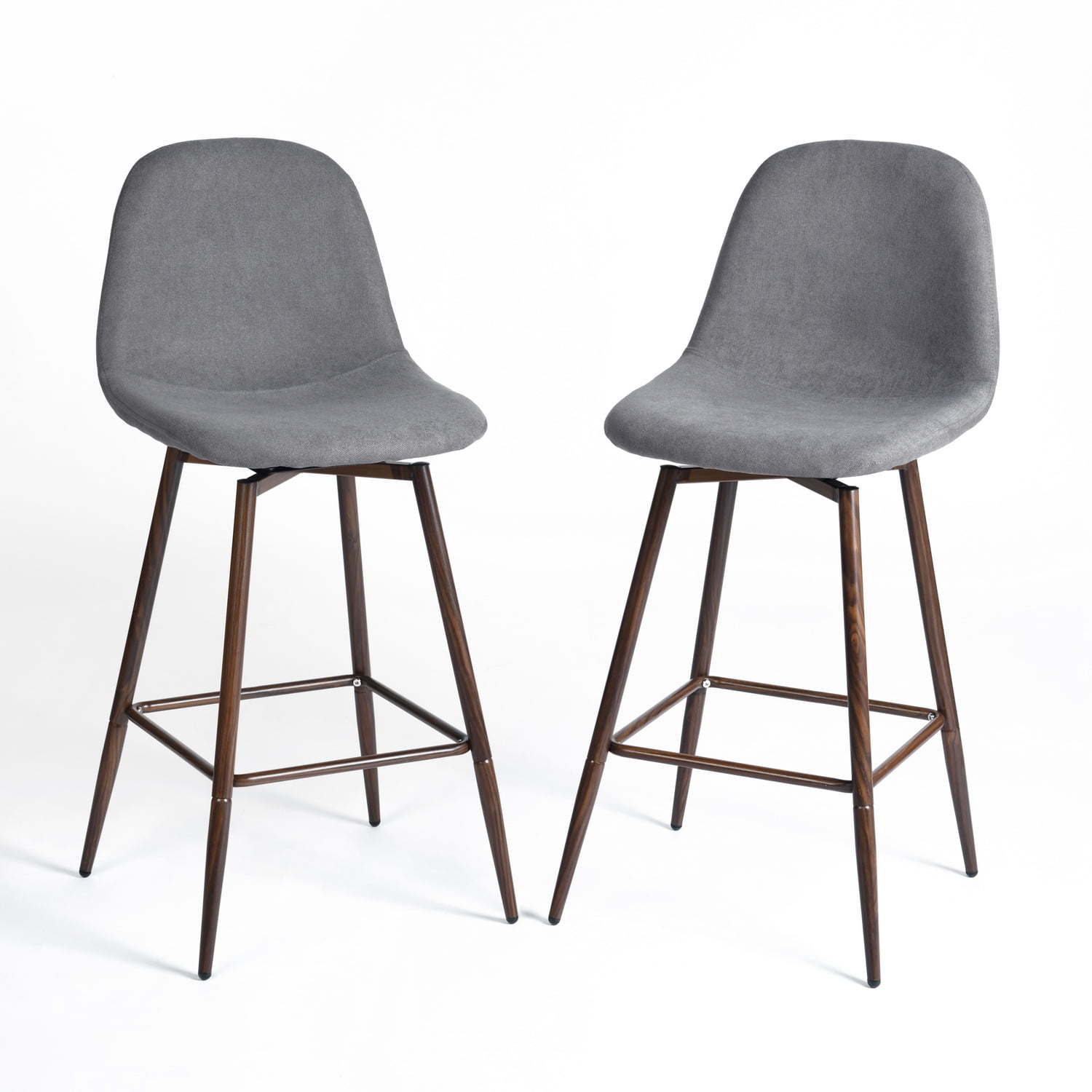 Homy Casa 26" Swivel Counter Height Bar Stools, Set of 2, Grey Fabric, Wood-Look Legs