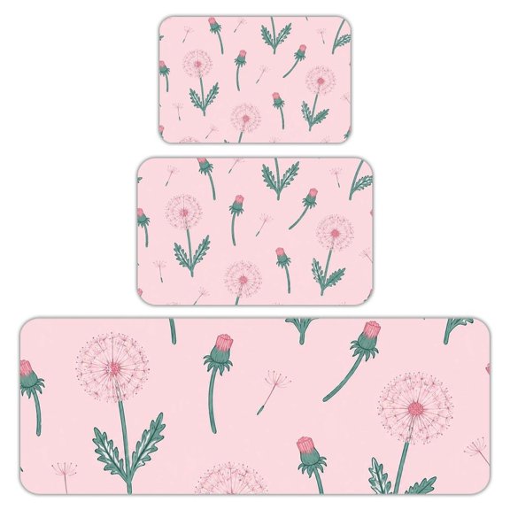 RKSupls Kitchen Rug Set 3 Piece Anti-Slip Flannel Floor Mats, Dandelion Floral Pattern Washable Absorbent Runner Mats for Kitchen Bathroom Home Decor