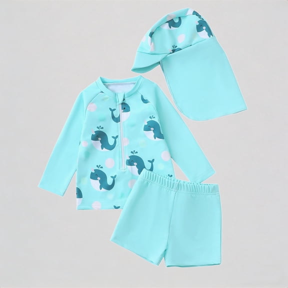 REDARER Toddler Boys 3-Piece Swim Set – Cute Print Long Sleeve Rash Guard, Swim Trunks & Matching Hat, UPF 50  Sun Protection for Summer Beach Pool Outfit,18-24 Months