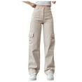 thumbnail image 1 of Pantalones cargo para mujer: cintura alta, tres bolsillos, estilo informal, mezcla de lino, tallas S-XXXL., 1 of 7