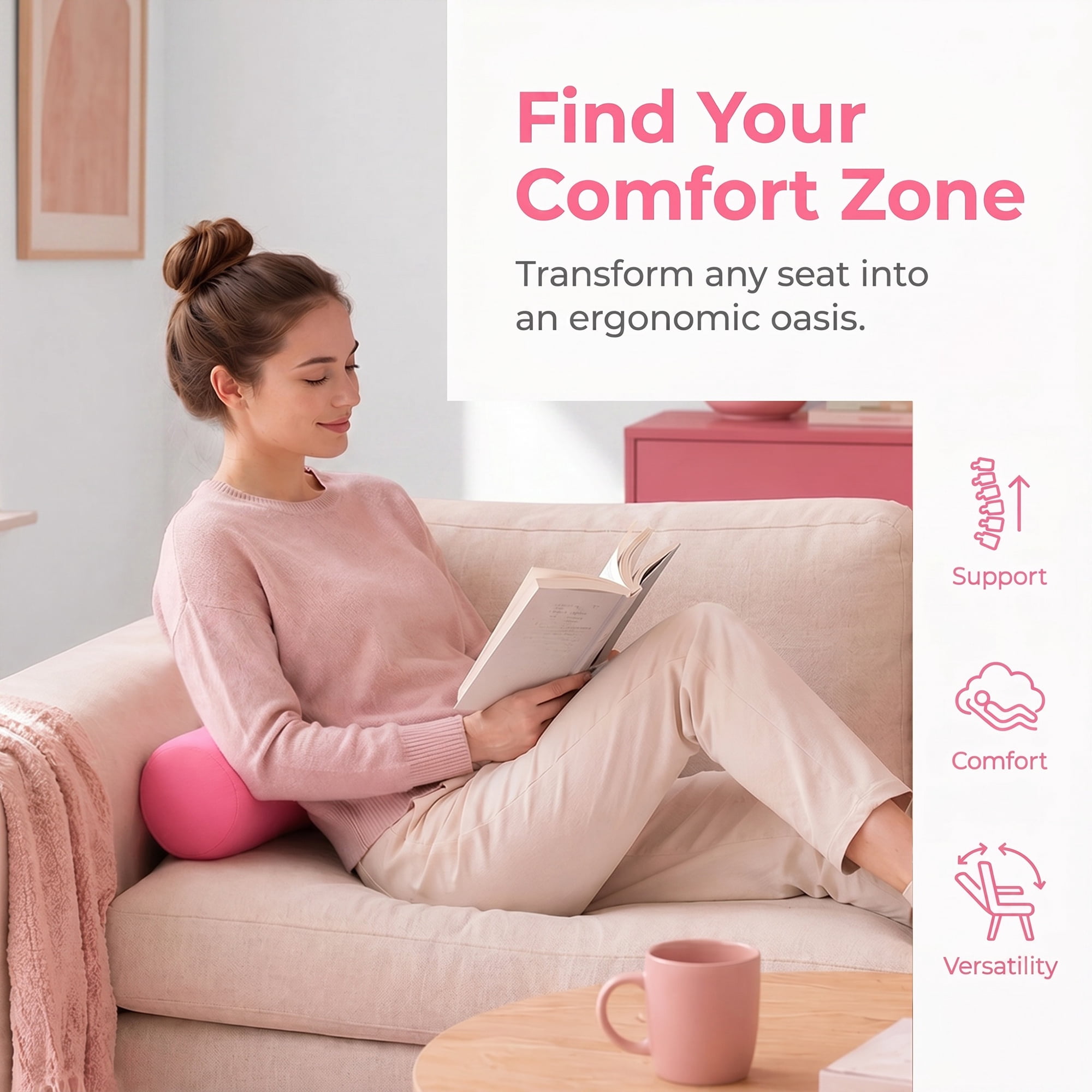 Unique Bargains Lumbar Support Pillow Foam Particle Back Support Bright Pink 11.8" x 6.3"