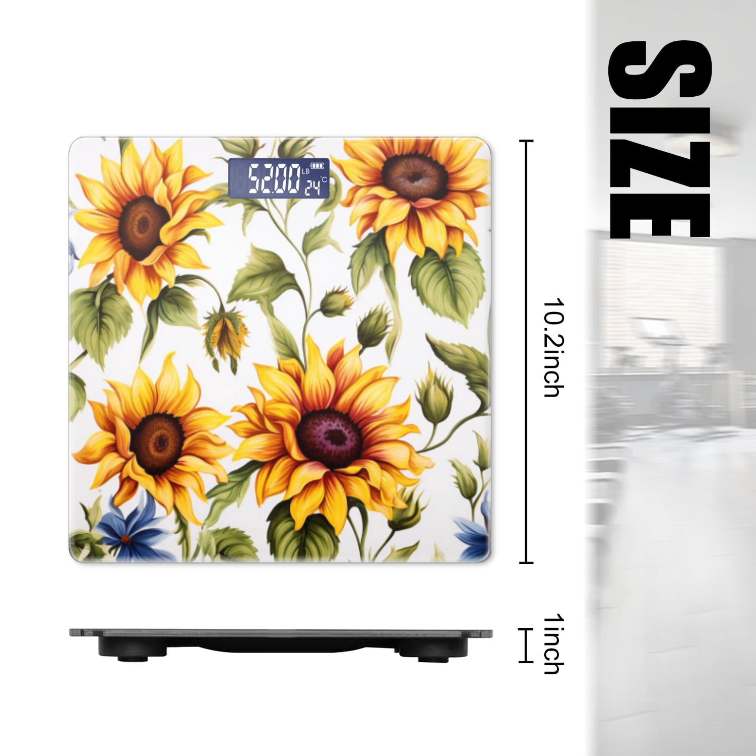 Bathroom Scale, Highly Accurate Digital Body Scale,Precisely Measures Weight up to 400 lbs-Beautiful Sunflower Pattern With Bright Yellow And Green Colors