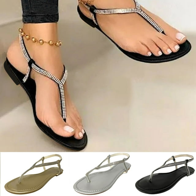 TrendOFT Womens Footbed Sandals Casual Leisure Roman Style Rhinestones Summer Non Slip Elastic Band Beach Open Toe Breathable Shoes Sandale Plateforme Femme Black 42