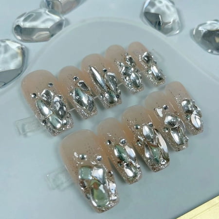 Internet celebrities wear finished nail art patches light luxury full of diamonds milk tea nude white fake nails detachable bridal nail