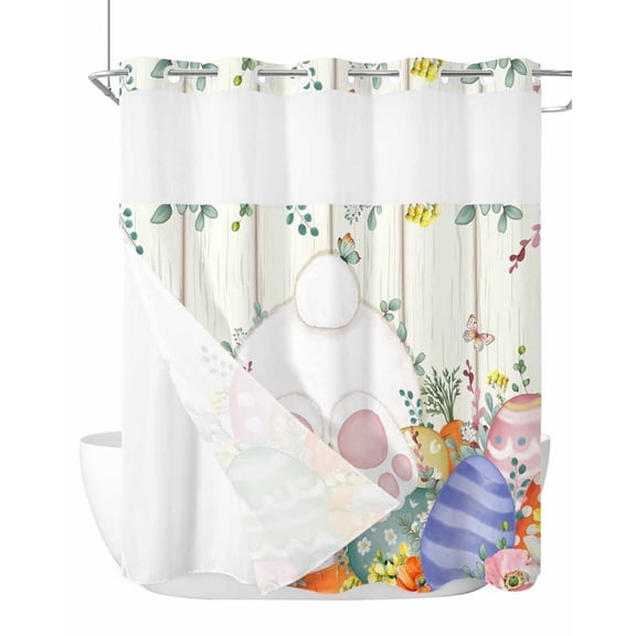 No Hook Shower Curtain with Snap-in Liner, Easter Waterproof Fabric Bathroom Curtains, Spring Rabbit Ears Foot Colorful Eggs Leaf Floral Bath Curtains & Mesh Top Window 66"x72"