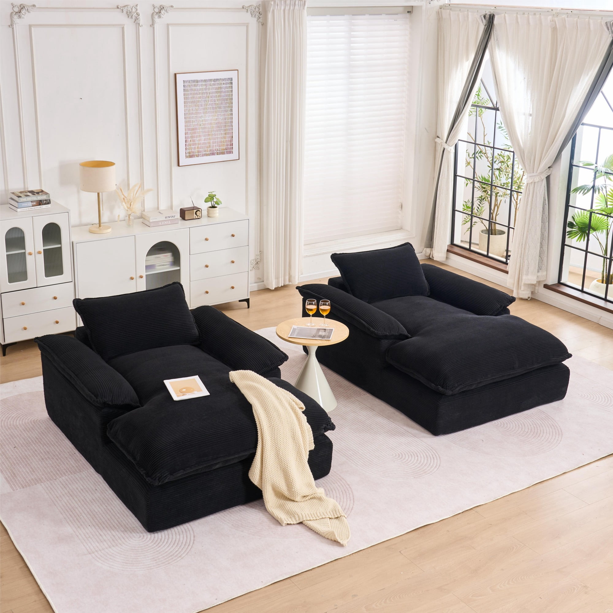 Aukfa 51.2" Oversized Chaise Lounge Chair Indoor, Corduroy Upholstered Sofa Couch with Pillow Armrests, Sleeper Sofa Chair for Living Room Bedroom Office, Black