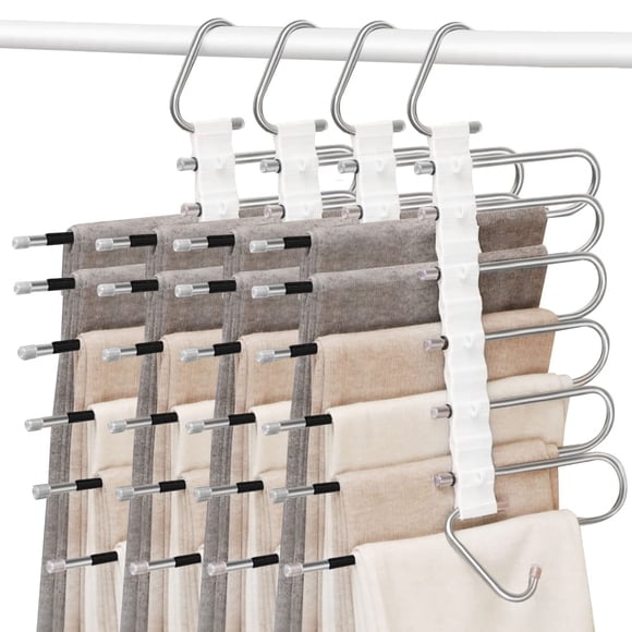 FBXGT 4PCS Perchas Ganchos para Pantalones Ropa De 6 Niveles de Acero Inoxidable Tipo S Multifuncional Perchas Plegables Antideslizantes Organizadores De Almacenamiento para Faldas Bufandas (4)