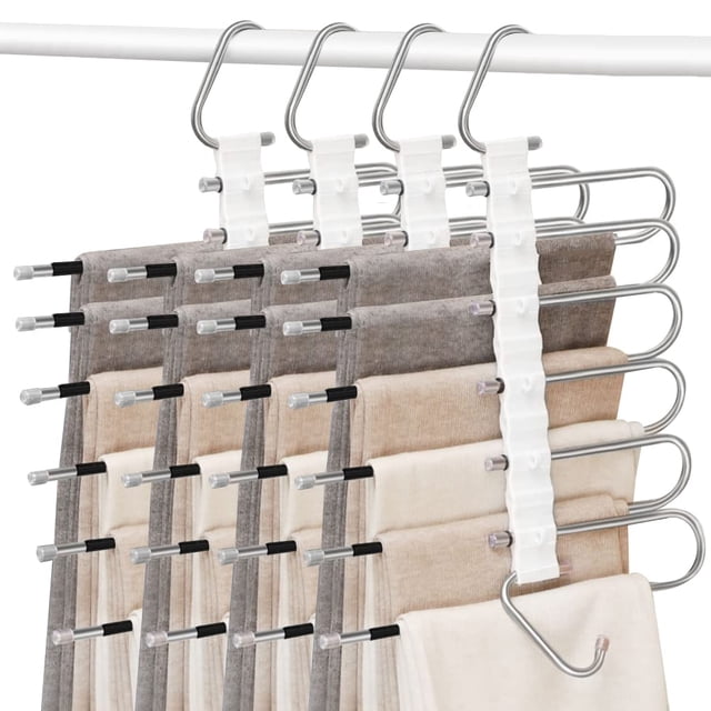 FBXGT 4PCS Perchas Ganchos para Pantalones Ropa De 6 Niveles de Acero Inoxidable Tipo S Multifuncional Perchas Plegables Antideslizantes Organizadores De Almacenamiento para Faldas Bufandas (4)