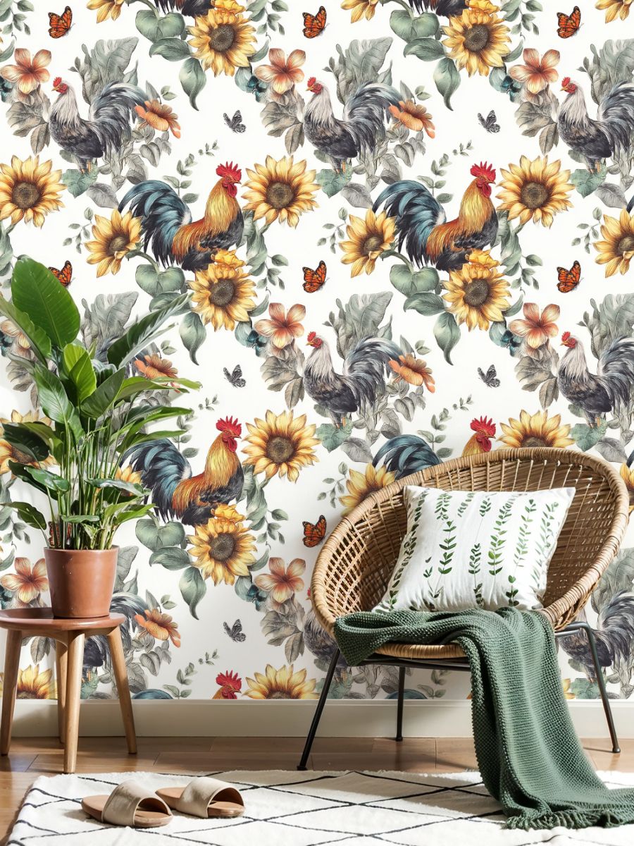 Peel and Stick Wallpaper 17.7in x 9.8ft Farmhouse Rooster Sunflower Floral Contact Paper Vinyl Self-Adhesive Removable Wall Paper for Bedroom DIY Home Decor Renter Friendly