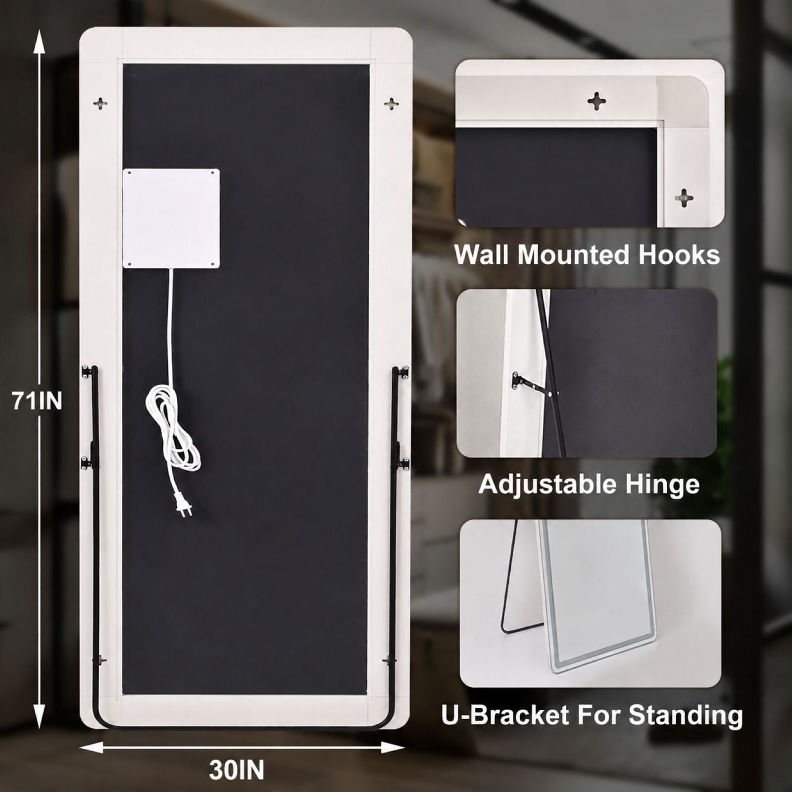 Easy4Home 71" x 30" LED Rectangular Full Length Mirror with Adjustable Lights Standing Mirror Wall Mounted, White