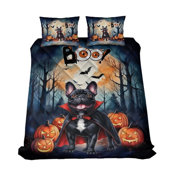 Happy Halloween Vampire French Bulldog BOO with Pumpkins Fun and Spooky Quilt Bedding Set Dog Lover Gifts 1 Blanket Bed Cover 2 Pillowcases - 00018