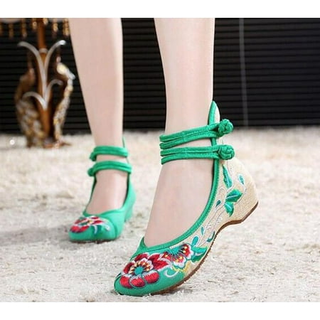 

Shose 2022 New Women Embroidered Shoes High To Help Increase Ankle Double Strap Canvas ShoesI