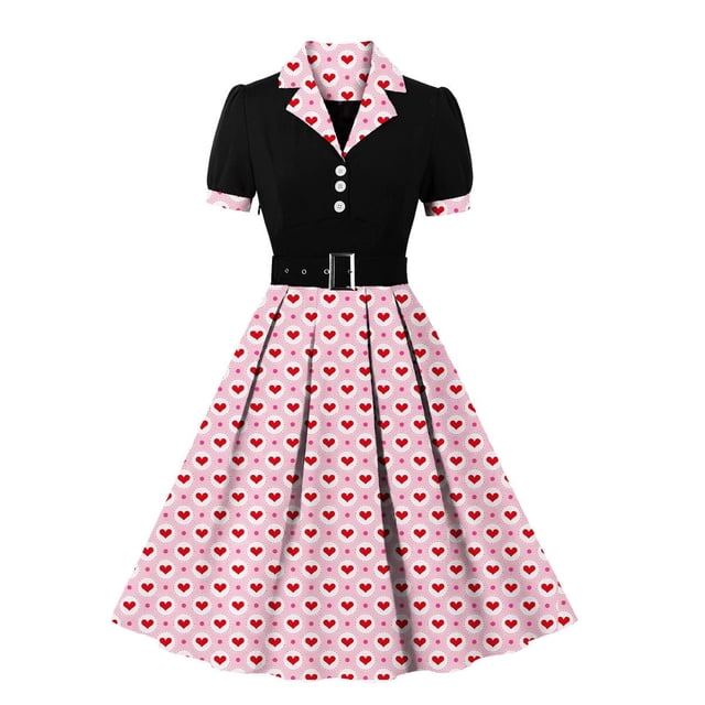 Puntoco Vestido De Manga Corta Con Cuello En V, Vestido Retro De Longitud Media Estilo Corte Hepburn Para Mujer Rosa Rojo L